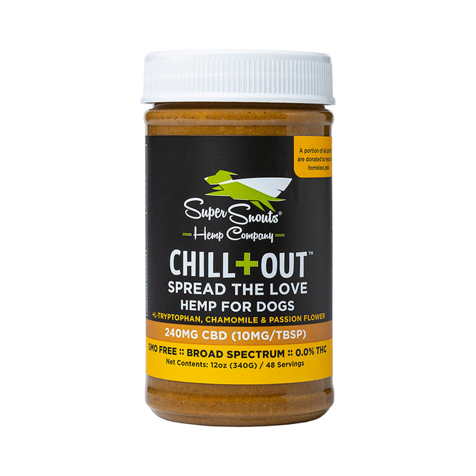 Product Image of Super Snouts Hemp Company Chill Out Calming Peanut Butter Spread with Tryptophan chamomile and passion flower 240 milligrams CBD 10 milligrams per tablespoon GMO free broad spectrum THC free 12 ounces 48 servings