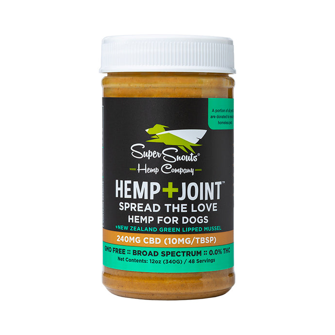 Product Image of Super Snouts Hemp Company Hemp and Joint Peanut Butter Spread Hemp for Dogs with New Zealand Green Lipped Mussel 240 milligrams CBD 10 milligrams per tablespoon GMO free broad spectrum THC free 12 ounces 48 servings